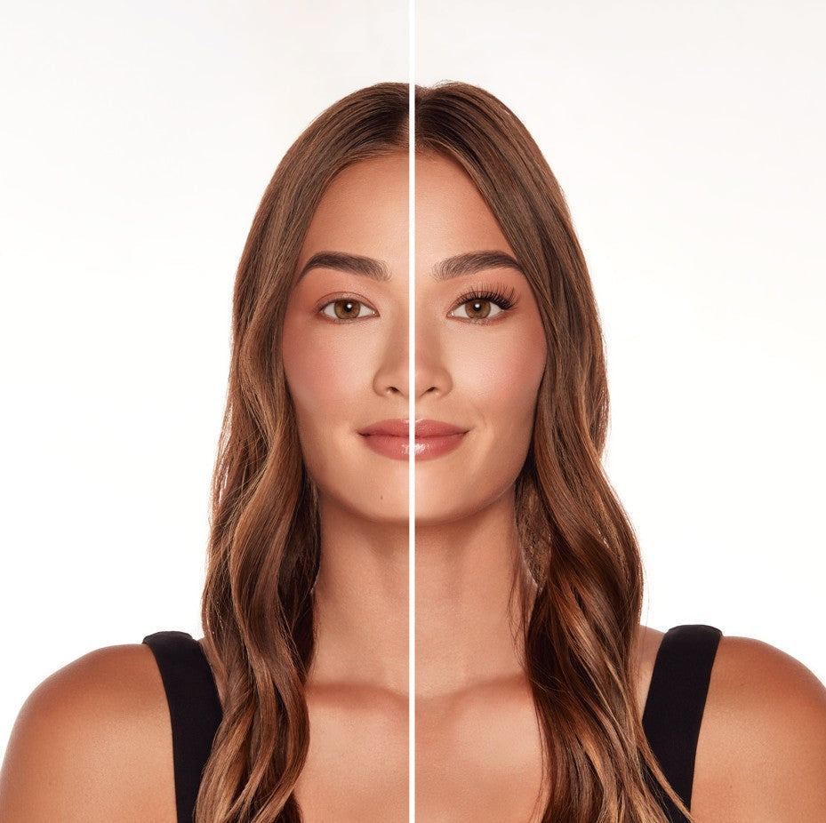 Side-by-side comparison of model's lashes before and after applying Ardell Seamless Underlash Extensions for added volume.
