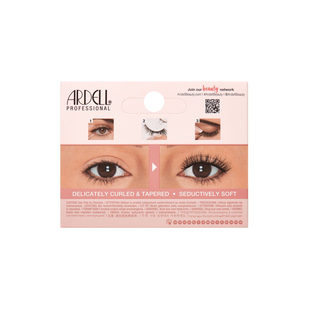 Ardell eyelash packaging with images of eyes wearing false eyelashes on a white background.