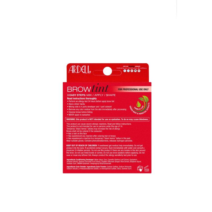 Back of Ardell Brow Tint Medium Brown showing mix-apply-shape steps and safety precautions.