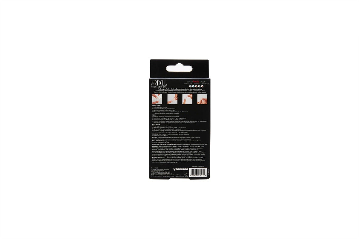The back labeled details of Ardell Nail Addict Premium Artificial Nail Set in Natural long variant packaging