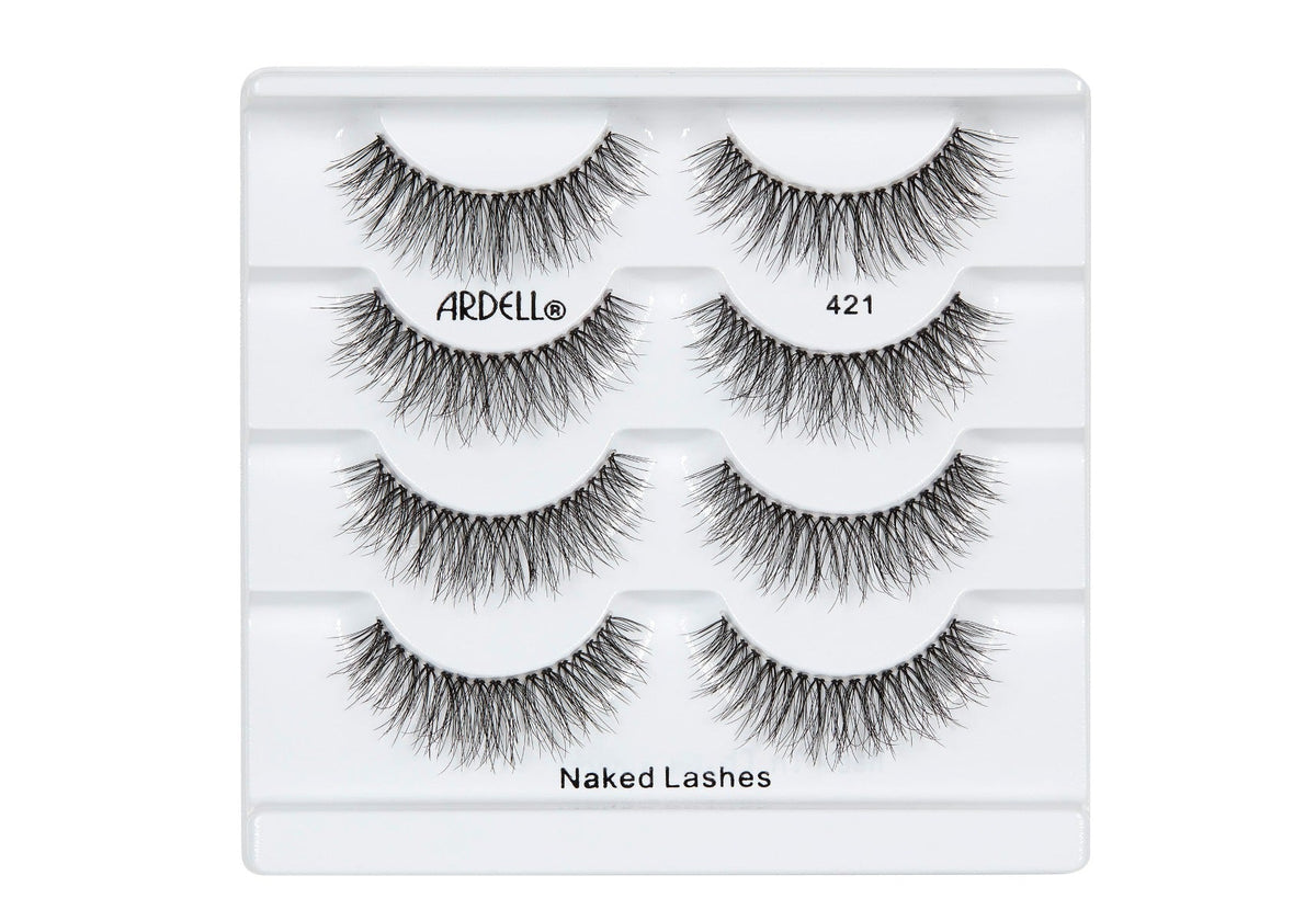 4 pairs of Ardell Naked Lash 421 faux lashes in inner multipack packaging labeled "Ardell", "421", & "Naked Lashes"