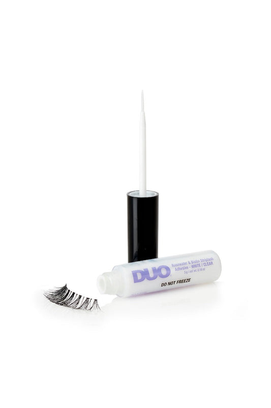 DUO Rosewater & Biotin StripLash Adhesive white/clear with precision brush, shown with a false lash for easy application.