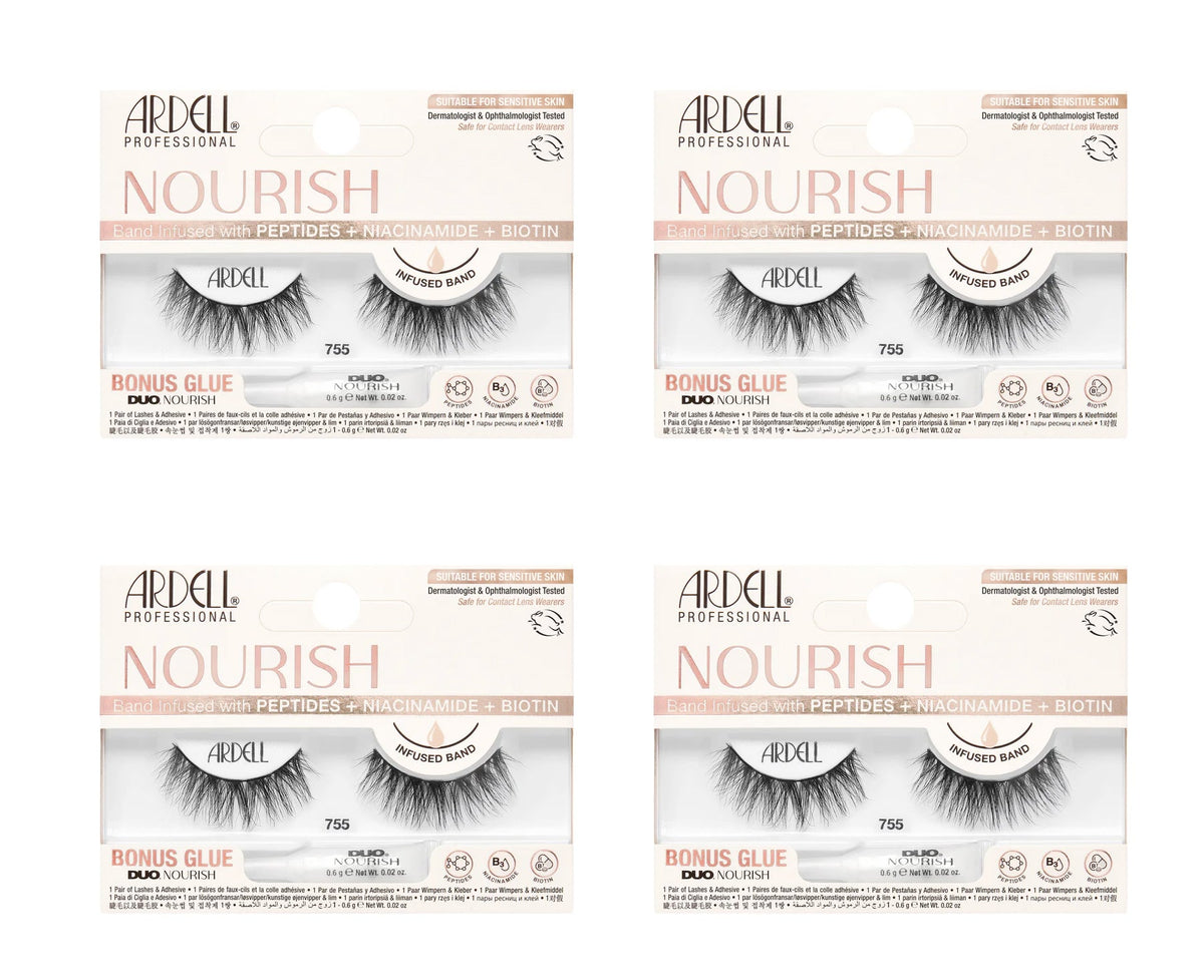 Four boxes of Ardell Nourish false eyelashes on a white background