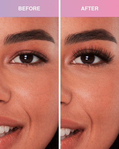 Before and after comparison of Press On Pre-Glued Underlash Extensions Wispies Natural on Model with Hooded shaped eyes