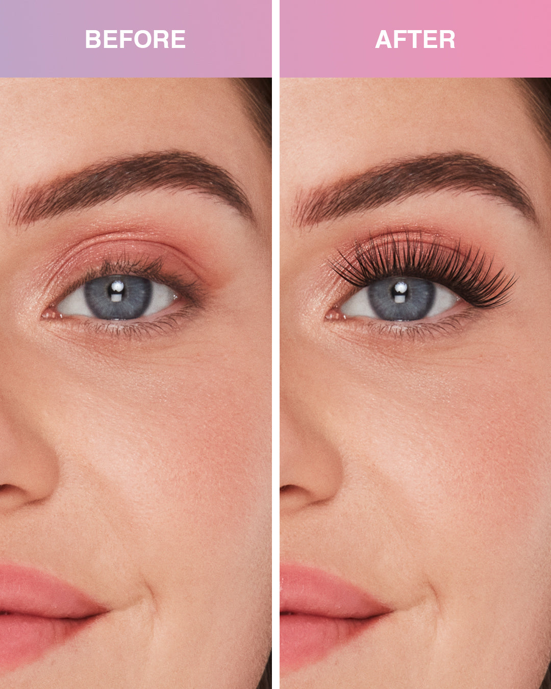Before and after comparison of Press On Pre-Glued Underlash Extensions Wispies Natural on Model with Round shaped eyes