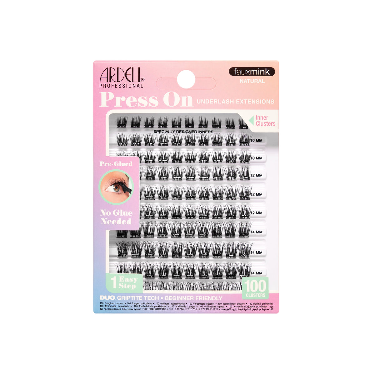 Front packaging of Press On Pre-Glued Underlash Extensions Fauxmink Natural 100 ct