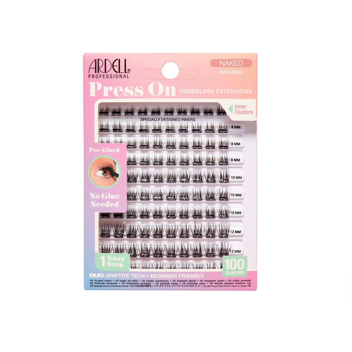 Front packaging of Press On Pre-Glued Underlash Extensions Naked Natural 100 ct