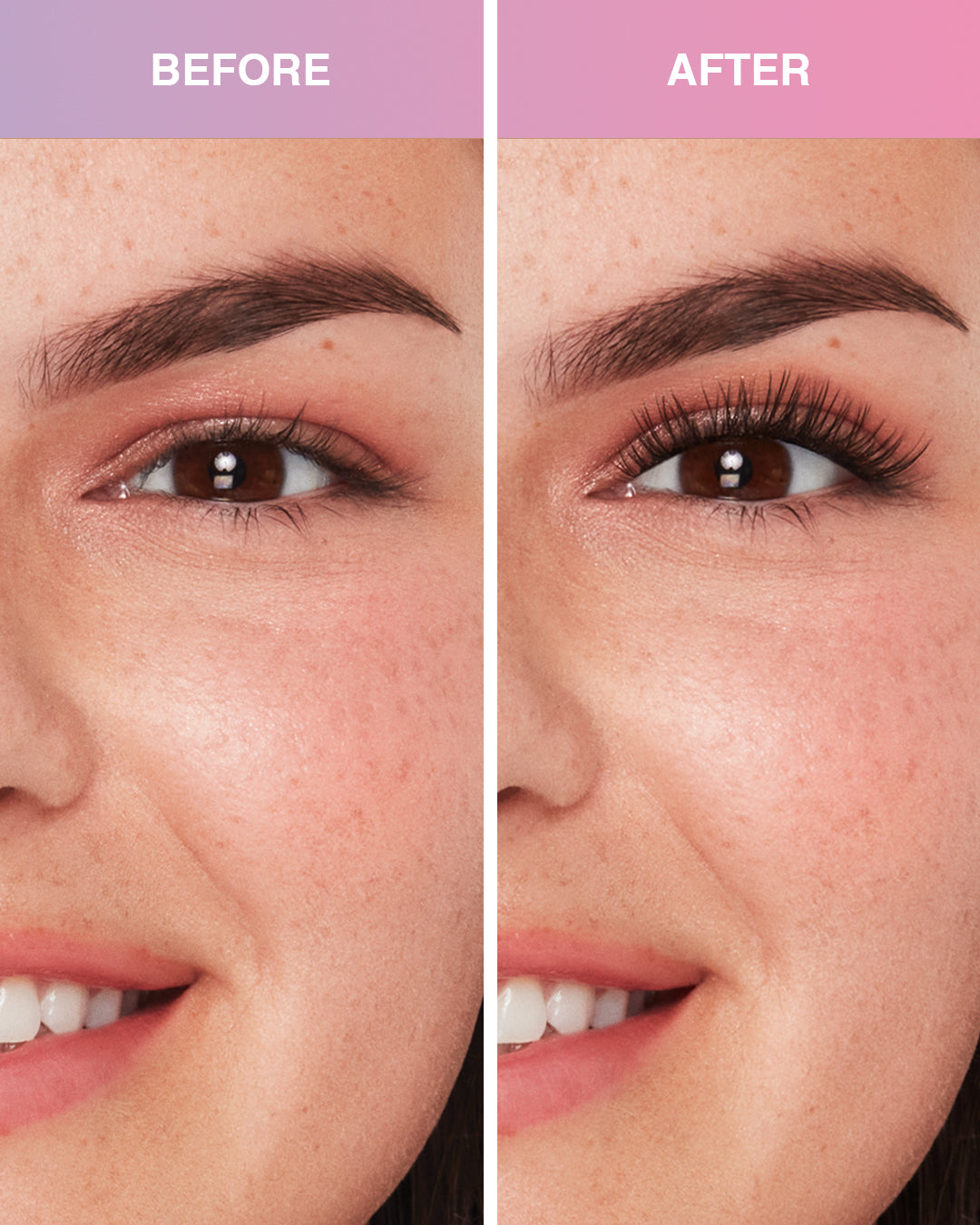 Before and after comparison of Press On Pre-Glued Underlash Extensions Naked Natural on Model with Almond shaped eyes