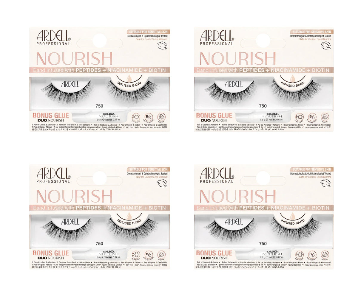 Four boxes of Ardell Nourish false eyelashes on a white background