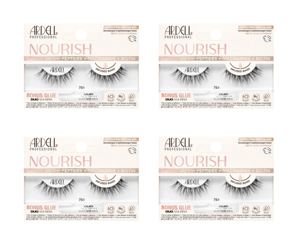 Four boxes of Ardell Nourish false eyelashes on a white background