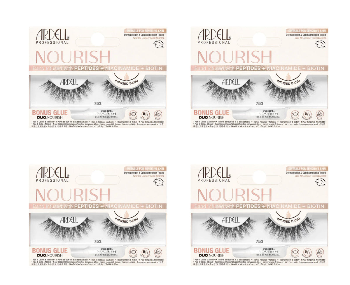 Four boxes of Ardell Nourish false eyelashes on a white background