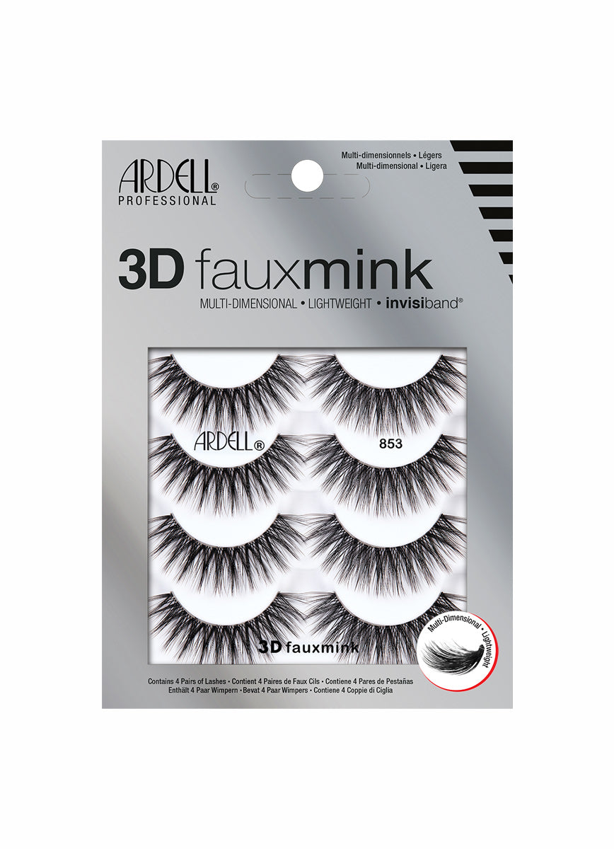 Four pairs of Ardell Fauxmink Lash 853 placed into its retail packaging with features written on it