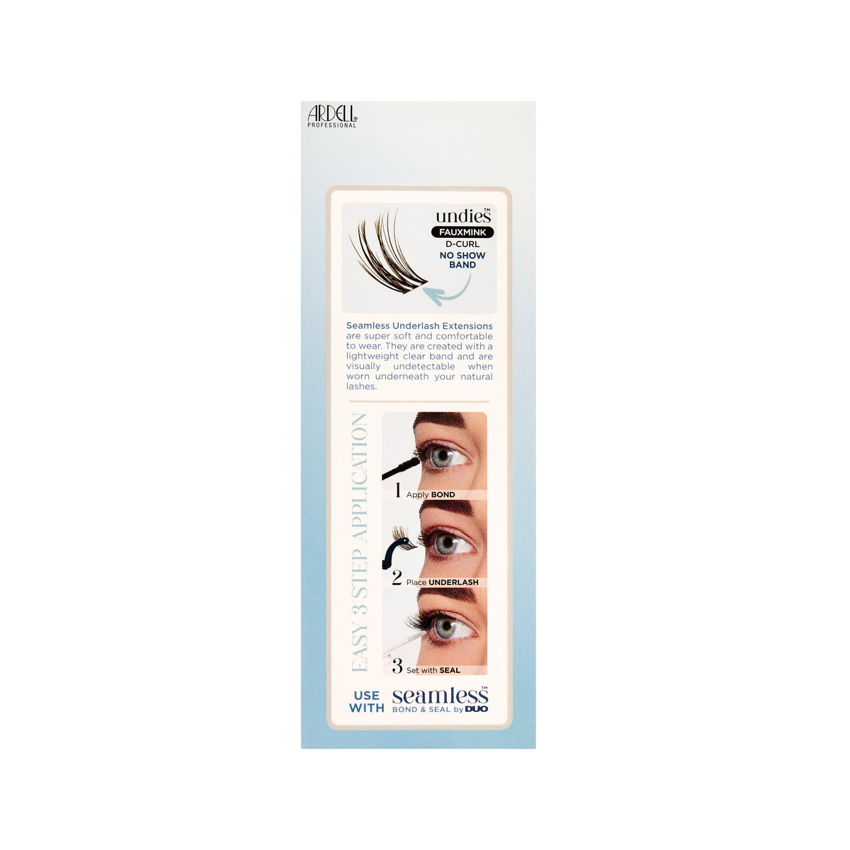 Back packaging of Seamless Underlash Fauxmink D Curl with Invisiband 32 Ct
