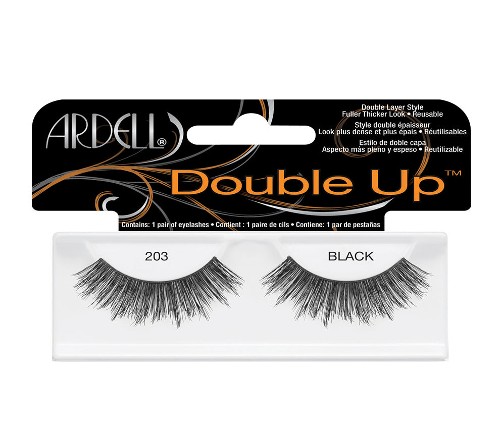 A single pair of Ardell Double Up Lash 203 inside its retail packaging with some text written on it