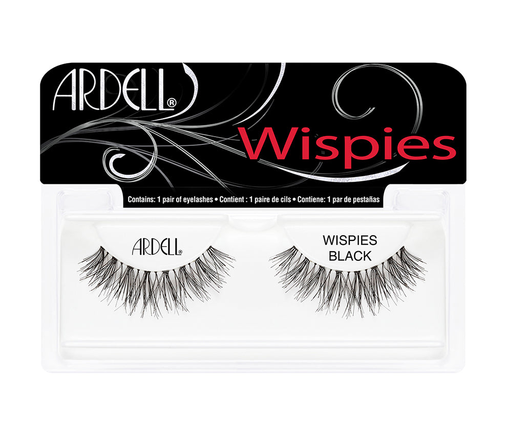 A closeup shot of Ardell Wispies showing its rounded lash style that is shorter at the inner and outer corner in a sealed pack