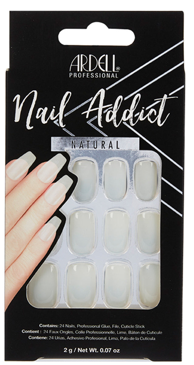 A frontage look of Ardell Nail Addict Premium Artificial Nail Set in Natural long variant in a wall hook ready packaging