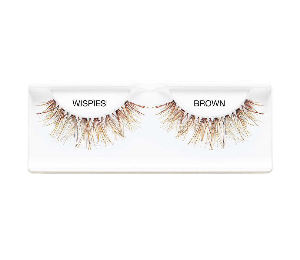 A single pair of Ardell Demi Wispies in Brown color placed in its retail wall hook with some texts on it
