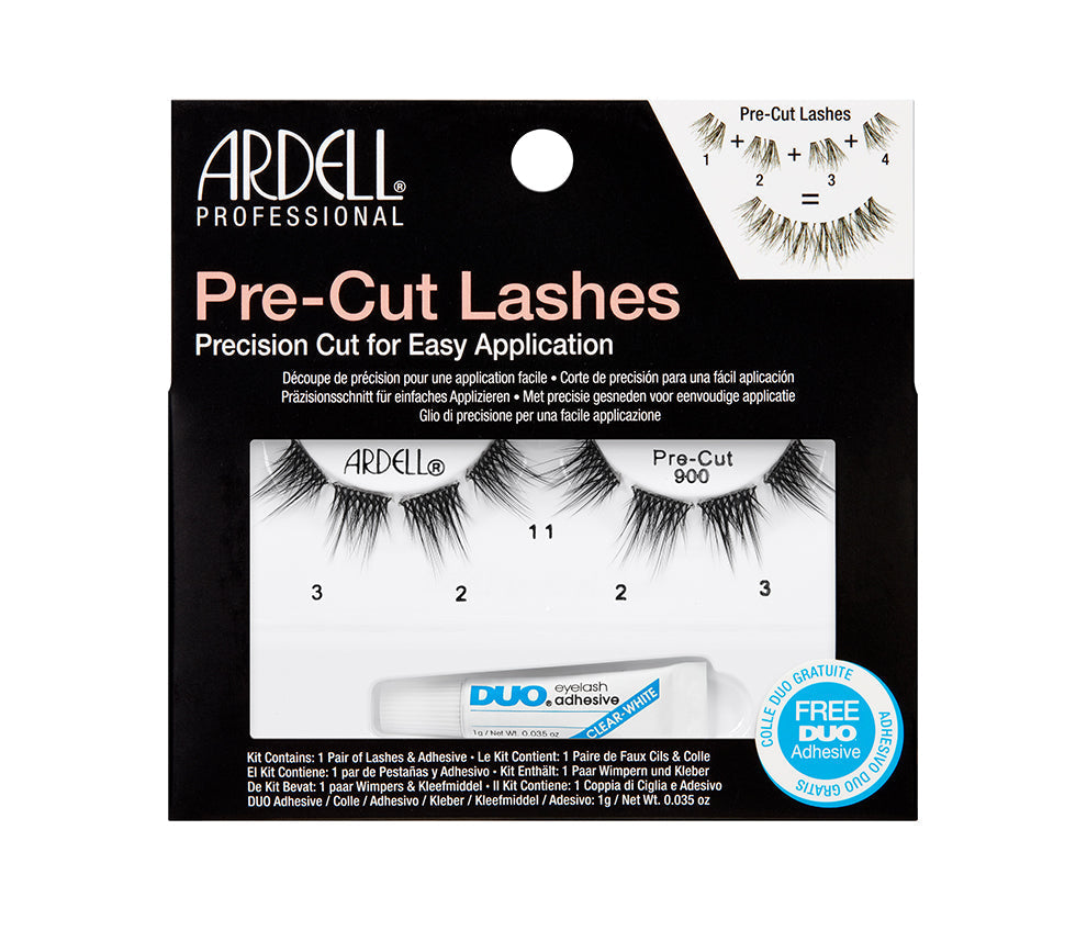 A single pair of Ardell Pre-Cut Lashes 900 placed inside its retail packaging with DUO adhesive & texts written on the box
