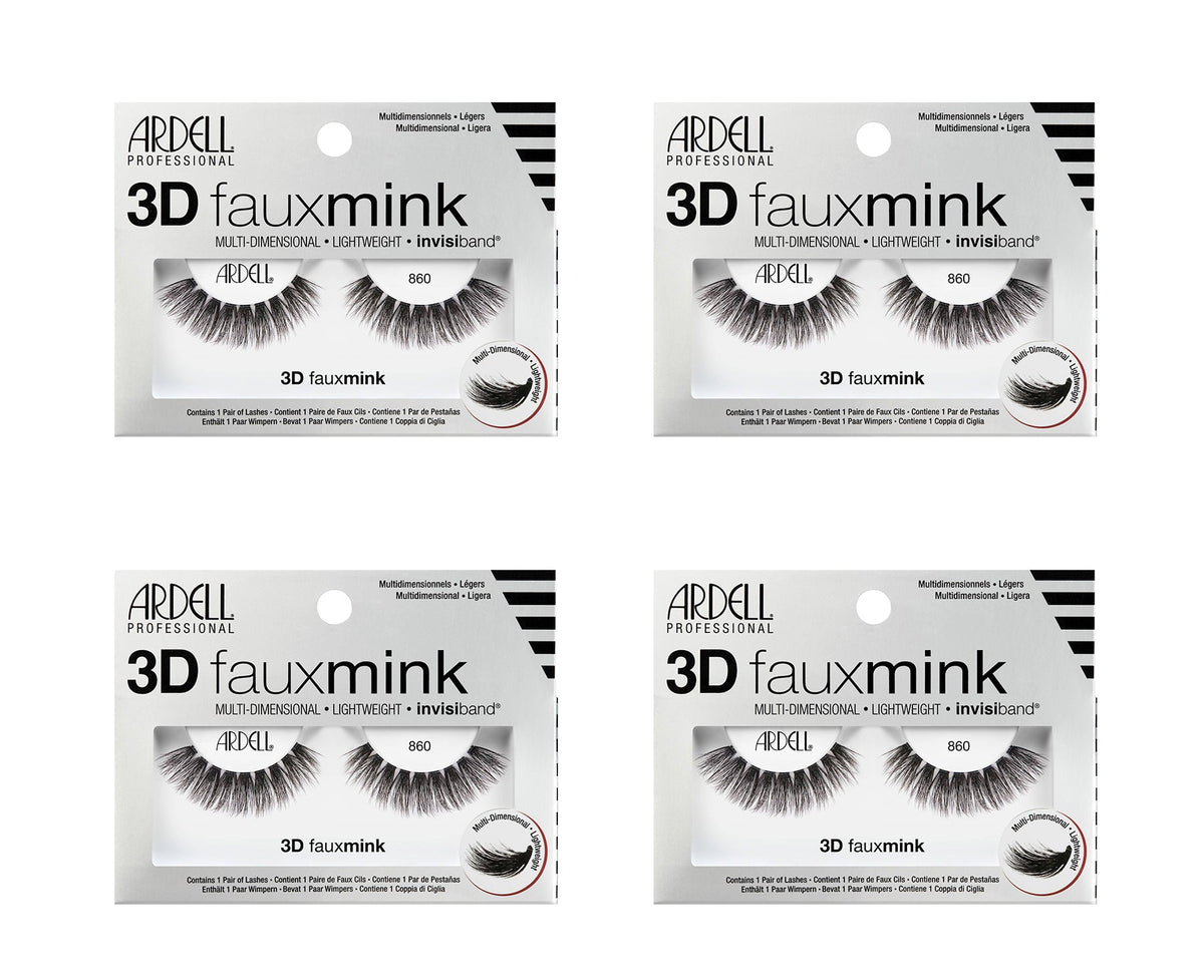 Four packages of Ardell 3D faux mink false eyelashes on a white background