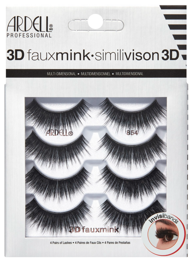 Ardell 3D Faux Mink Lash Multipack 854 with Invisiband, featuring four pairs of voluminous, multi-dimensional false lashes.