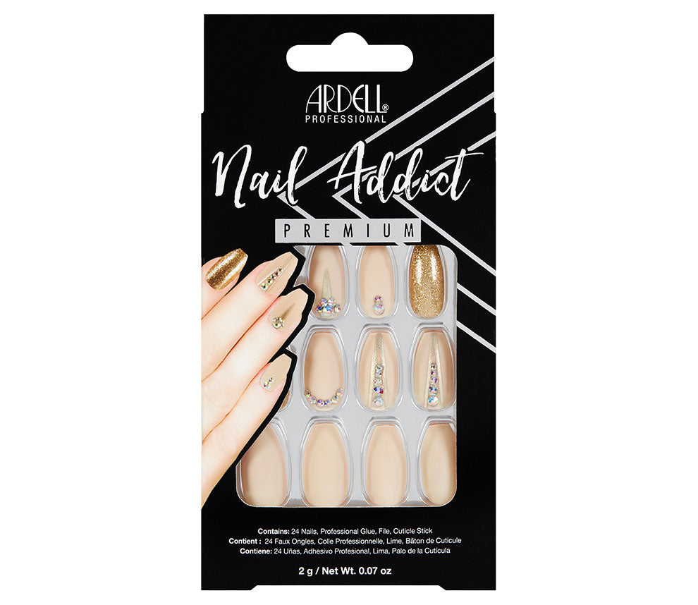 a front view of Ardell Nail Addict Artificial Nail -Nude Jeweled in packaging