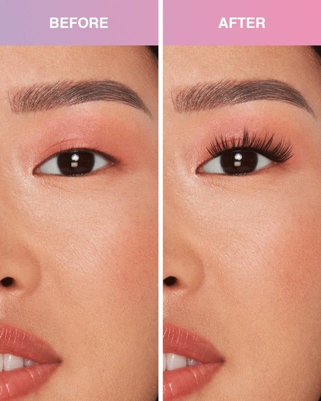 Before and after comparison of eyelash extensions on a person's eye.
