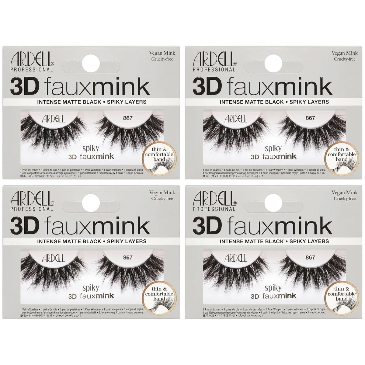 Four packages of Ardell 3D faux mink false eyelashes on a white background