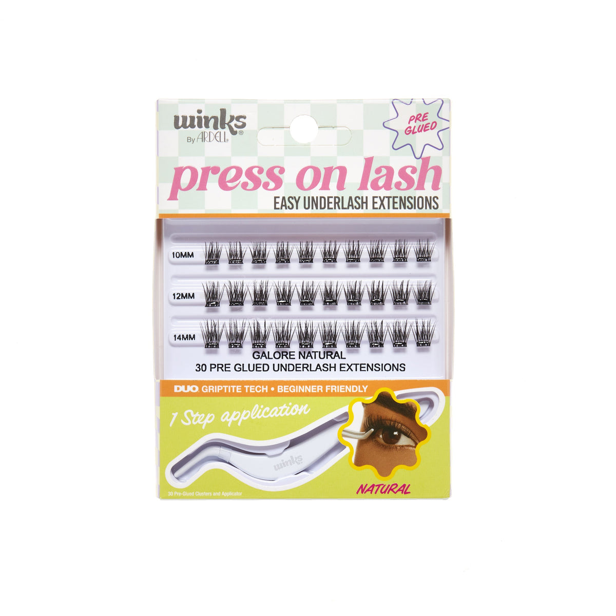 Front view of Ardell Winks Press on Lash underlash extensions galore natural packaging