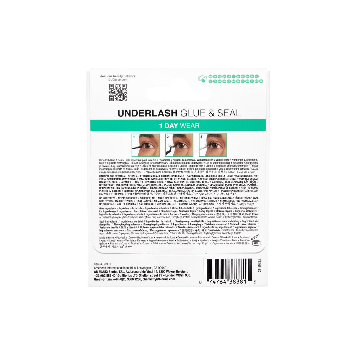 Back of Duo Underlash Glue & Seal 1 Day Wear packaging