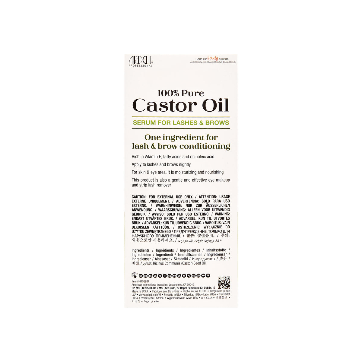 Back side of 100% Pure Castor Oil packaging on a white background