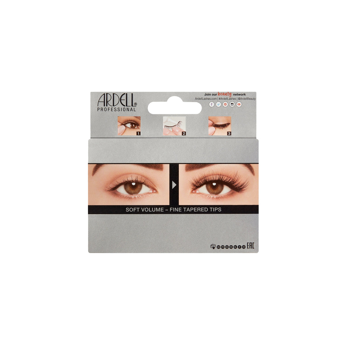 Ardell Professional lash packaging showing before-and-after of soft volume lashes with tapered tips.