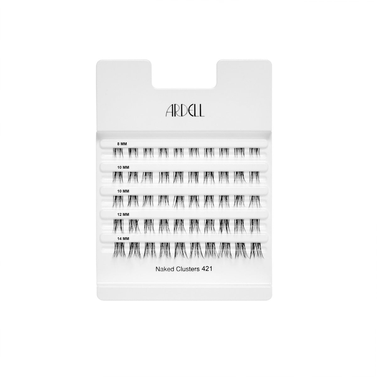 Naked Clusters 421 tray showing multiple rows of lash clusters in various lengths