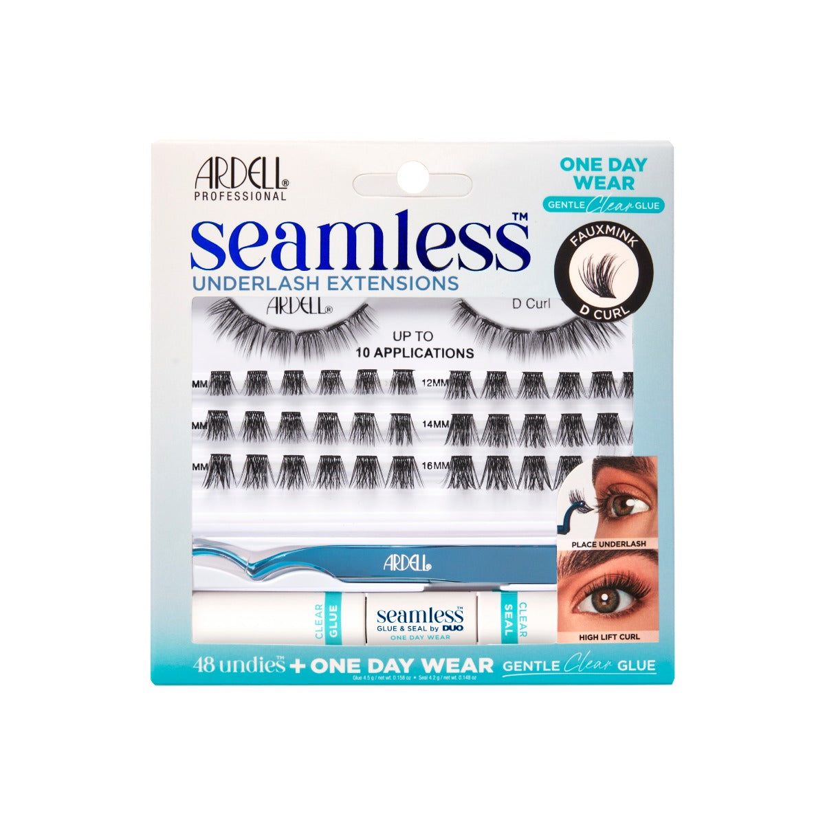 Front view of Seamless Underlash Extensions Fauxmink D Curl + 1 Day Clear Glue & Seal in wall hook packaging