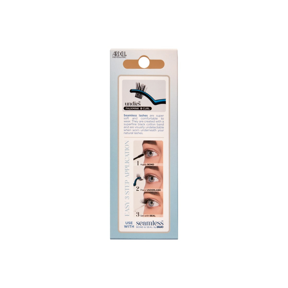 Back of Seamless Underlash Extensions Fauxmink D Curl 32 ct retail wall hook box showing product information