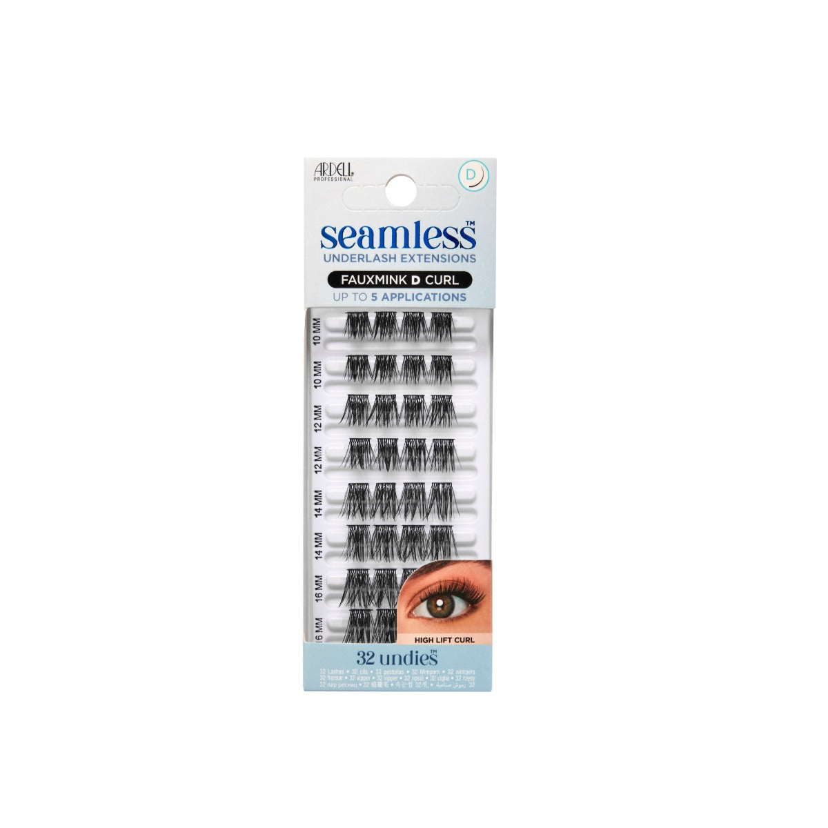 Seamless Underlash Extensions Fauxmink D Curl 32 ct retail wall hook packaging front view