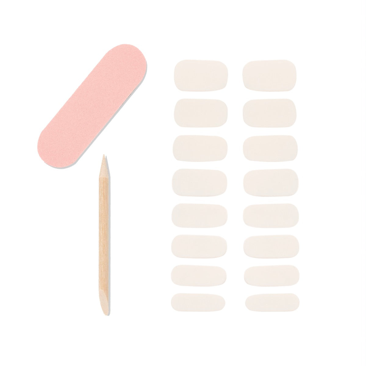 Display of 1 mini nail file, 1 orange wood stick and 16-piece nail gel strips