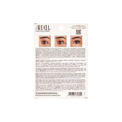 Back of Ardell Doll Eye Extensions 4-Pack featuring product info, care tips, and application guide.