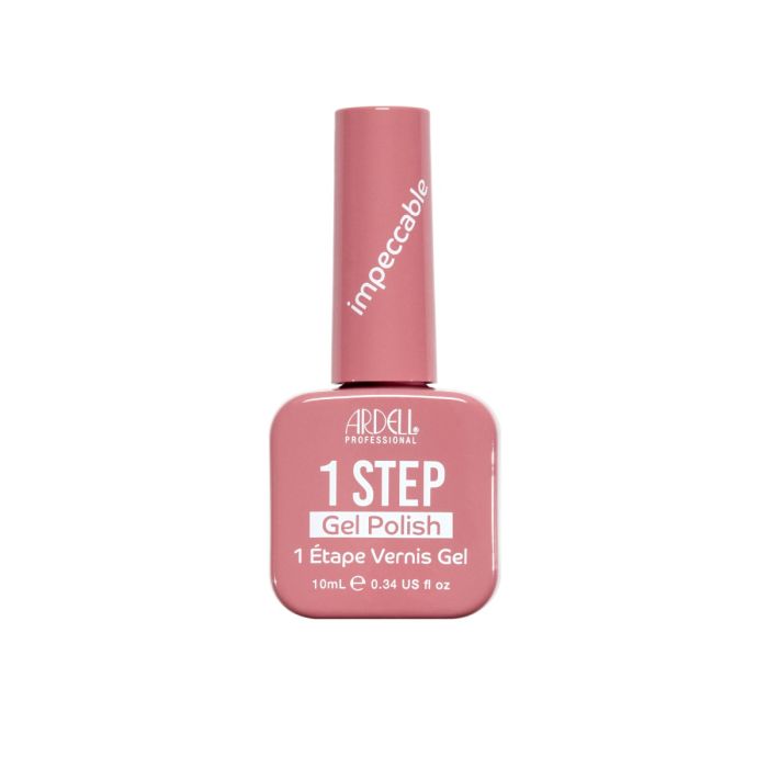 Ardell 1 Step Gel Polish in Impeccable, a muted rosy nude shade in a square bottle with pink cap.