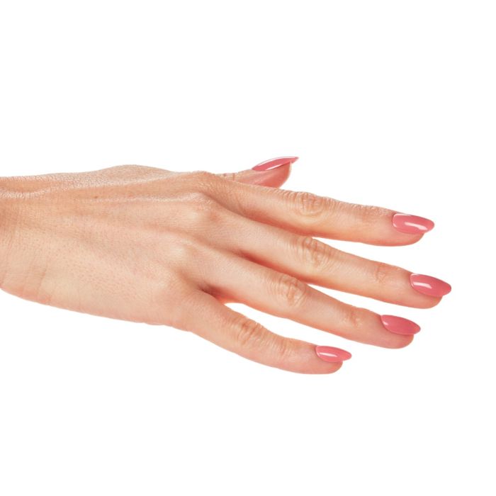 Outstretched hand with Ardell Impeccable gel polish, emphasizing elegant rosy nude nail color.