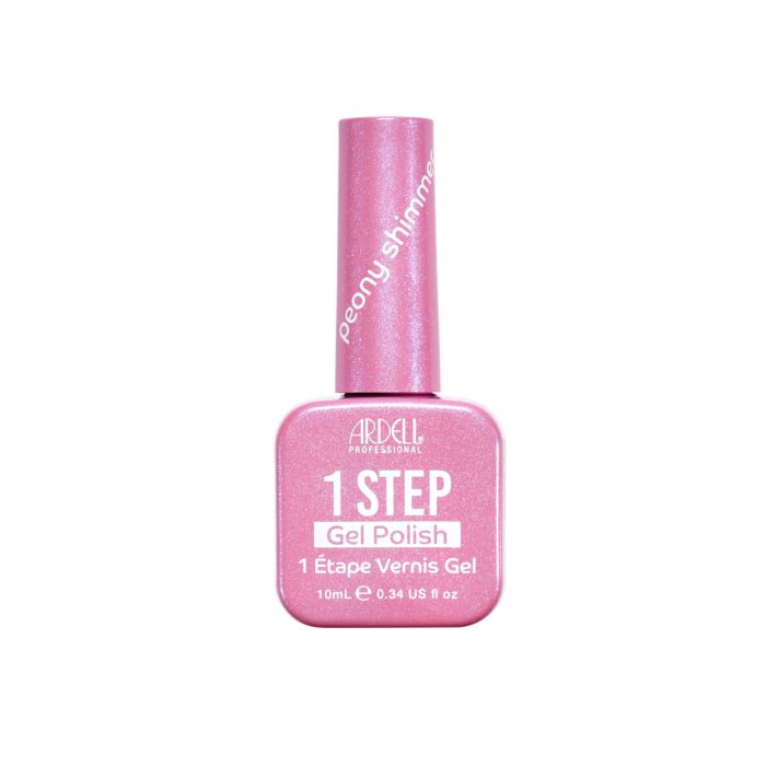 Peony Shimmer 1-Step Gel Polish bottle in bubblegum pink with shimmer, perfect for bright and playful manicures.