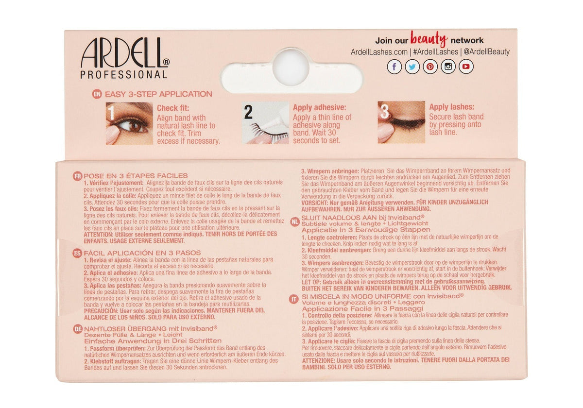 Back of Ardell Naked Lash 425 false lashes retail packaging with instructions in different languages