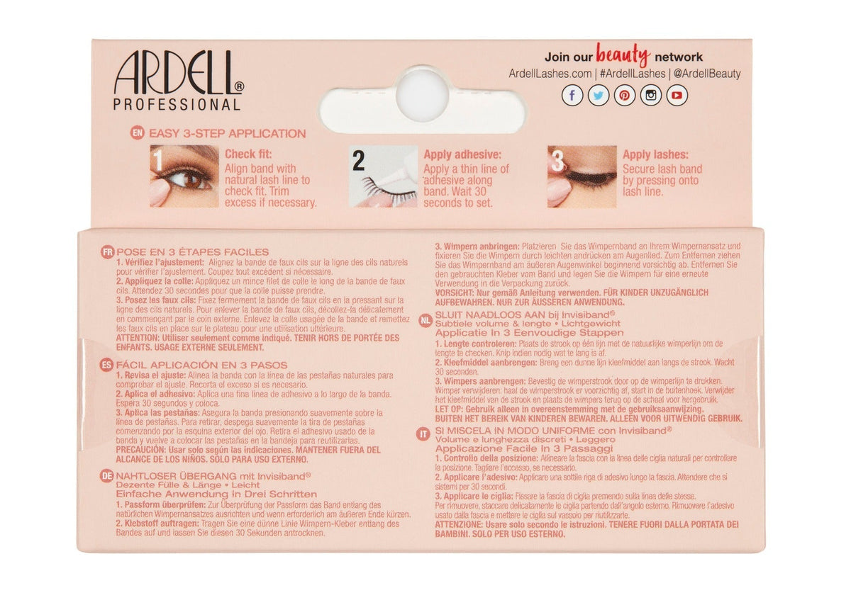 Back of Ardell Naked Lash 427 false lashes retail packaging with instructions in different languages