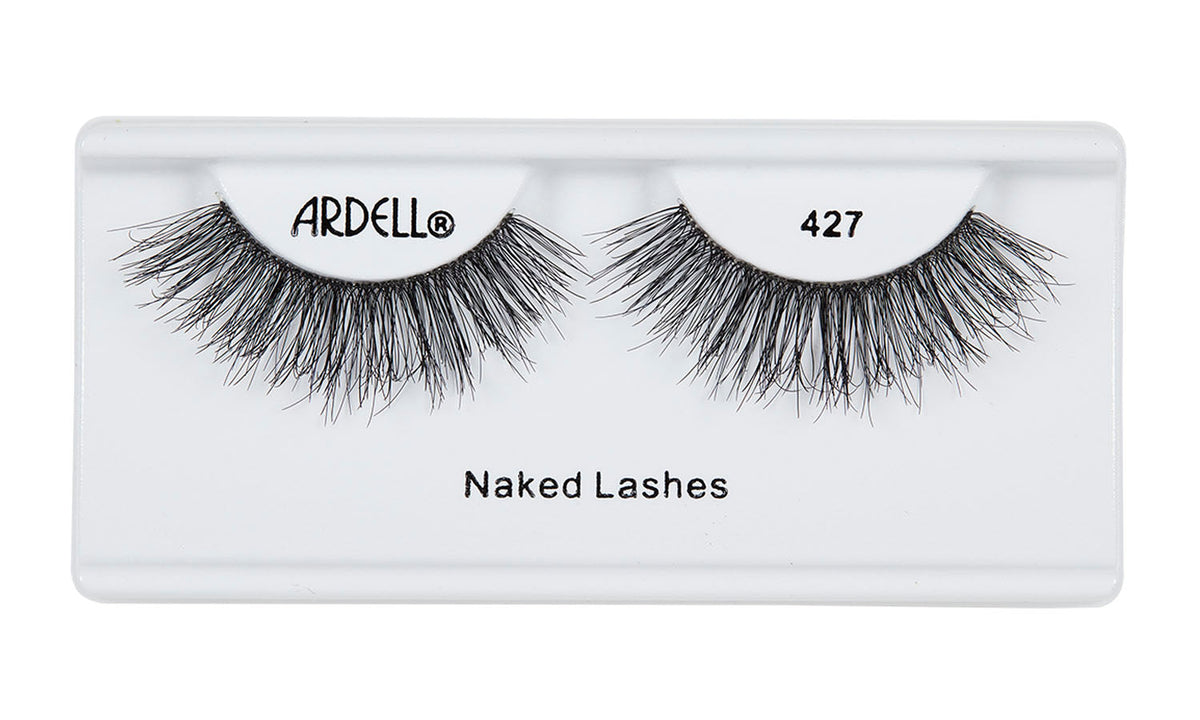Pair of Ardell Naked Lash 427 faux lashes in inner packaging labeled "Ardell", "427", & "Naked Lashes"