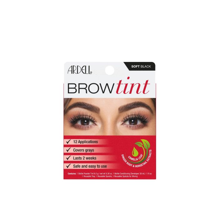 Ardell Brow Tint Soft Black with 12 applications, long-lasting color, and gray coverage for bold brows.