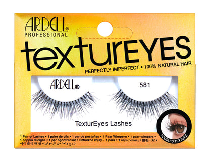Front facing of Ardell Textureyes 581 false lashes in retail box with printed label of ''581'' and ''TexturEyes Lashes''