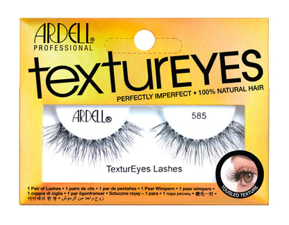 Front view of Ardell Textureyes 585 false lashes in retail wall hook ready packaging with printed label text