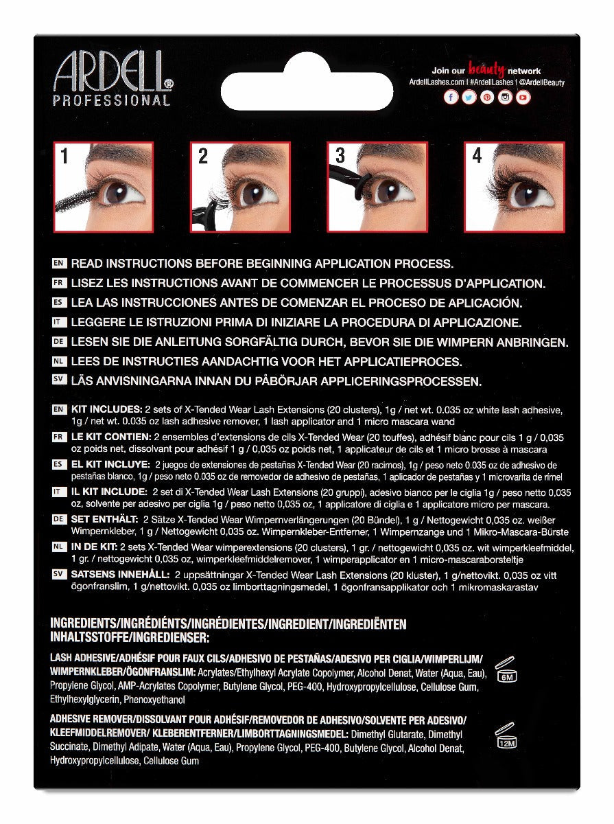 Back details of Ardell 135 Extended Wear Lash System box with product graphics and text reading in different languages