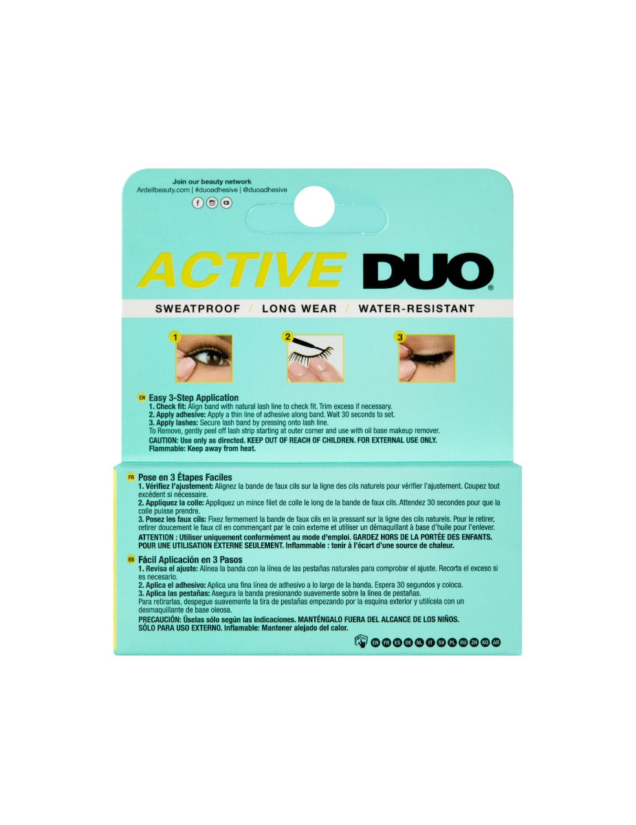 Back of Ardell Active DUO Back box with instructions in three different languages