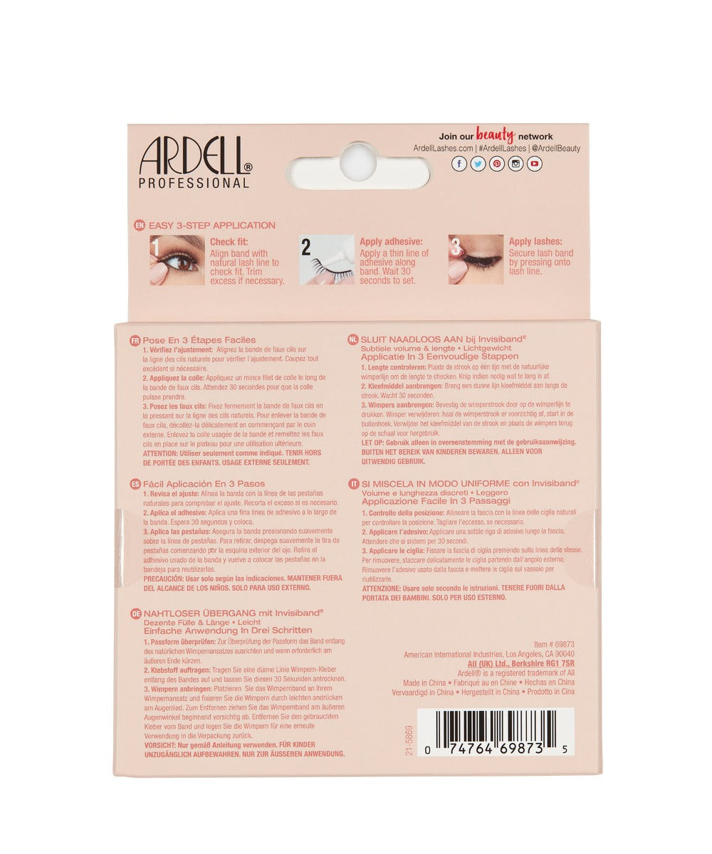 Back of Ardell Naked Lash 423 false lashes multipack retail packaging with instructions in different languages