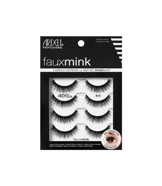 Four pairs of Ardell Fauxmink Lash 815 placed into its retail packaging with features written on it